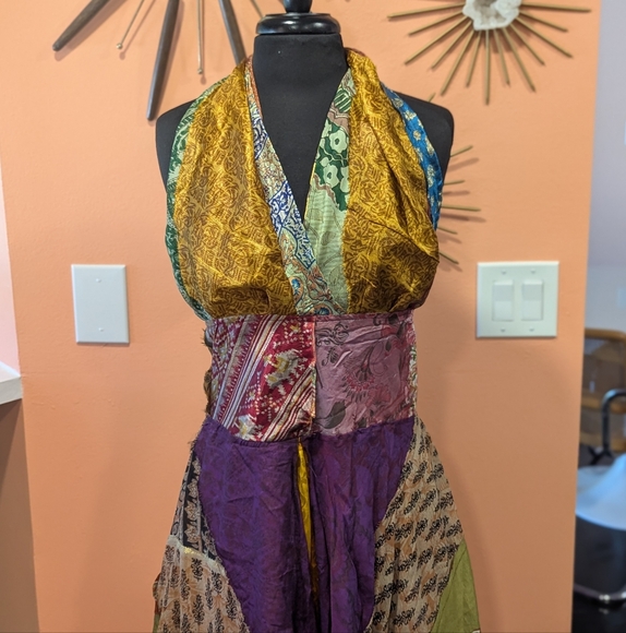 Bohenian Jack Pot Silk Multicolor Patchwork Halter Dress Maxi Festival - Picture 4 of 16